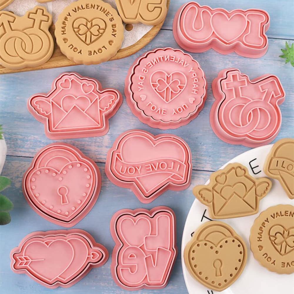 8 Pieces Valentine's Day Cookie Moulds For Baking I Love You Cookie Press Cookie Mould Set Kitchen Tools Plastic Cookie Stamps (Valentine's Day A)