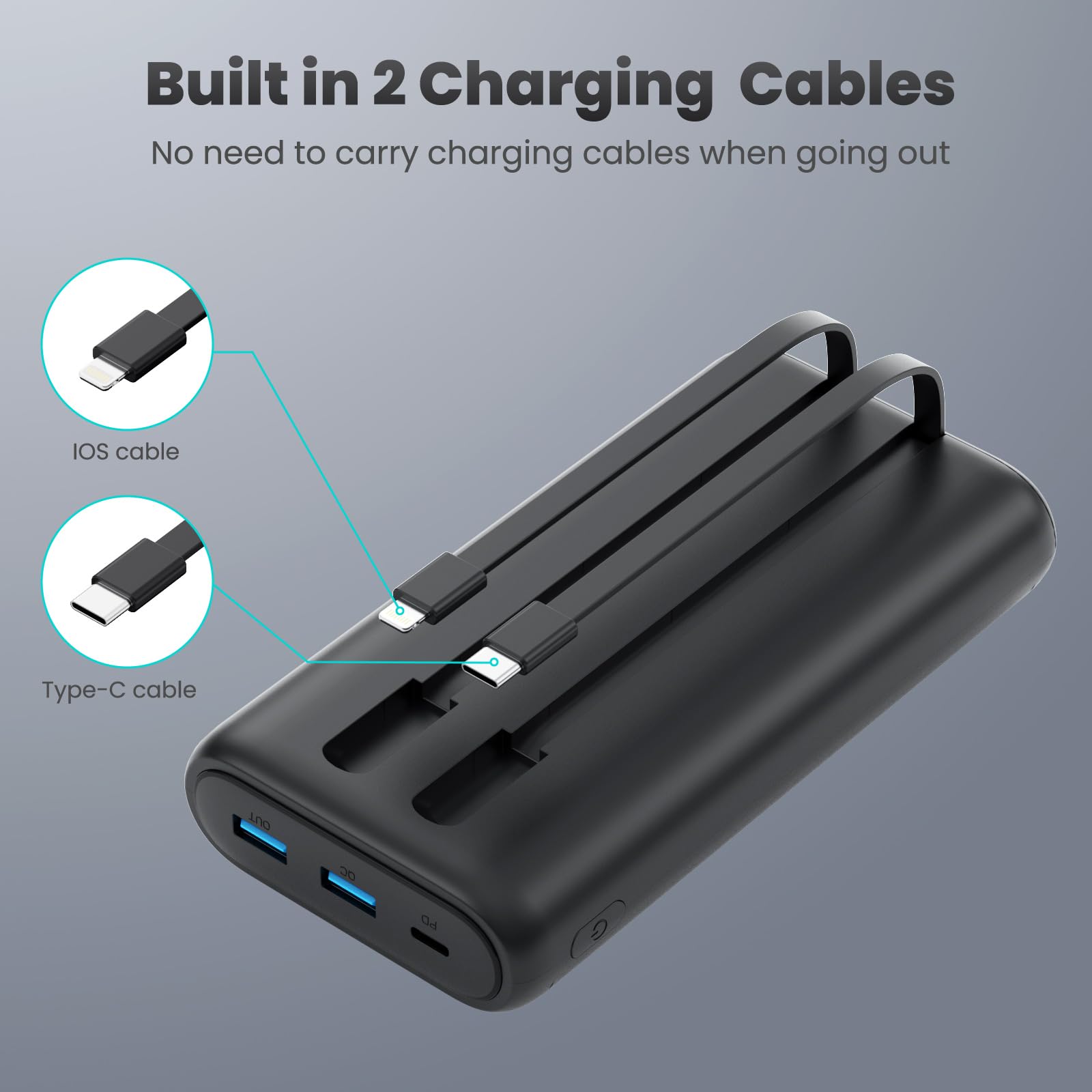 [2024 Upgraded] Portable Charger 40800mAh Power Bank - Portable Battery with 2 Built in Cables,PD 25W USB C Fast Charging Battery Pack Compatible with iPhone 16 15 14 13 Android Phone etc-Black