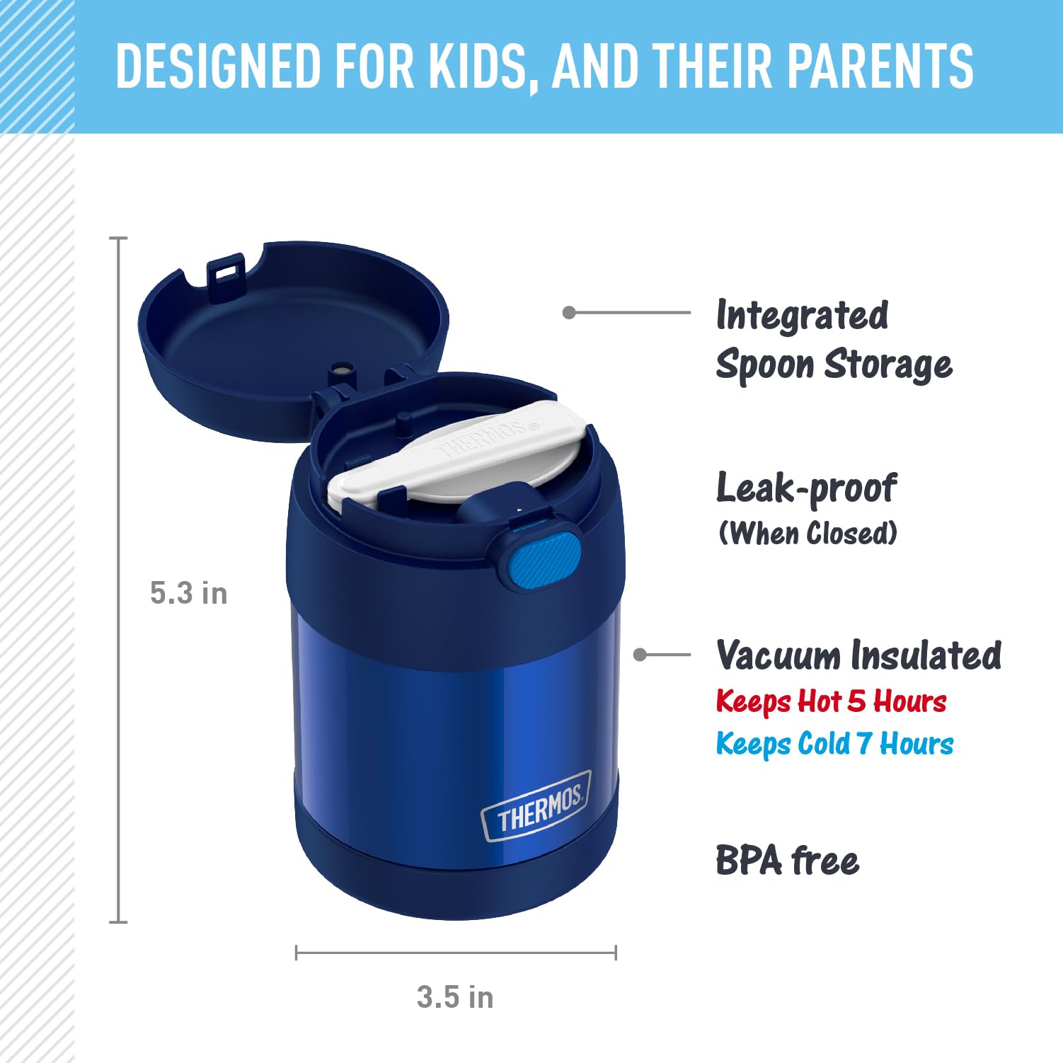 THERMOS FUNTAINER 10 Ounce Stainless Steel Vacuum Insulated Kids Food Jar with Folding Spoon, Navy