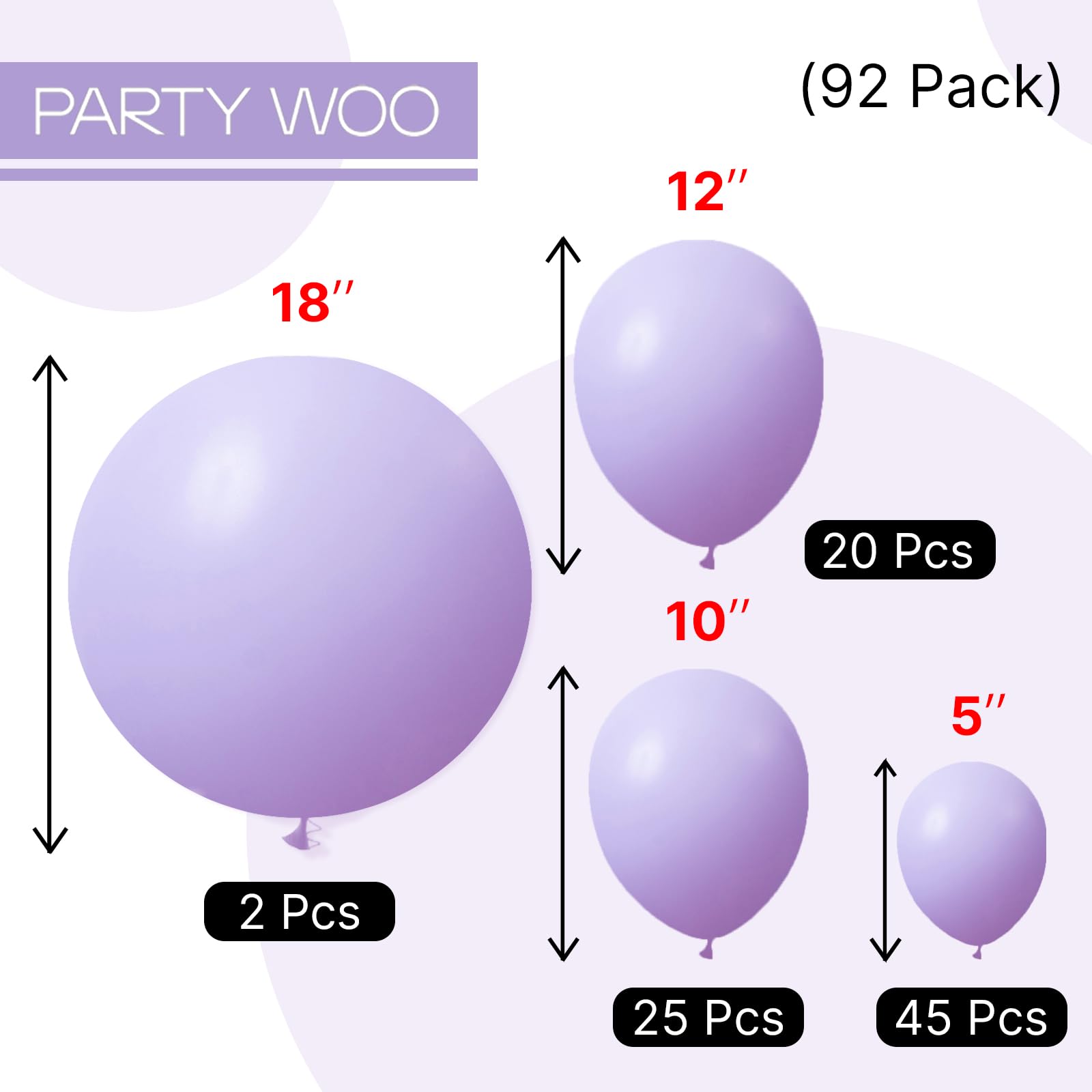 PartyWoo Lavender Balloons 92 pcs Different Sizes Pack of 18 12 10 5 Inch Light Purple Pastel Purple Lilac Balloon Arch Kit Garland for Graduation Baby Shower Birthday Party Decorations Purple-Q10