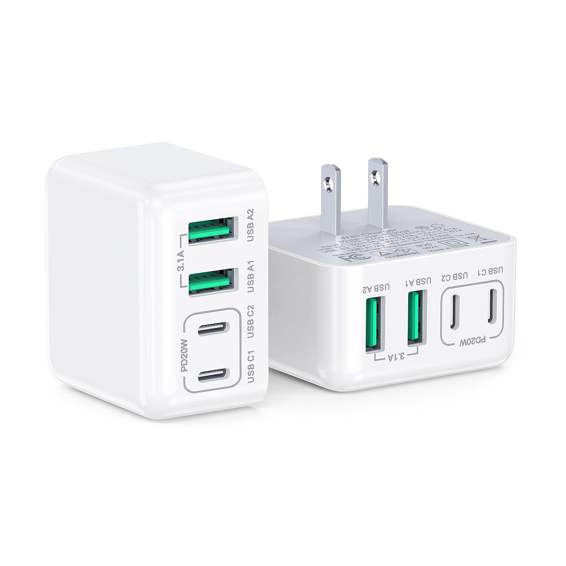 2-Pack USB C Wall Charger,40W USB-C Charger Cube,4-Port Type C Fast Charging Brick Dual PD&QC Wall Plug for iPhone16 15 14 13 12 11 Pro Max XR XS,iPad,AirPods,Iwatch,Huawei, Oneplus,Galaxy