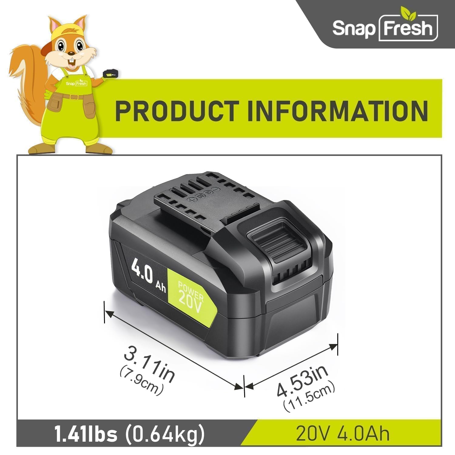 SnapFresh 20V 4.0Ah Li-ion Battery (BBT-DC40A), 2-Pack(Not Compatible with Other Brands), Lithium-Ion Battery Support Fast Charging