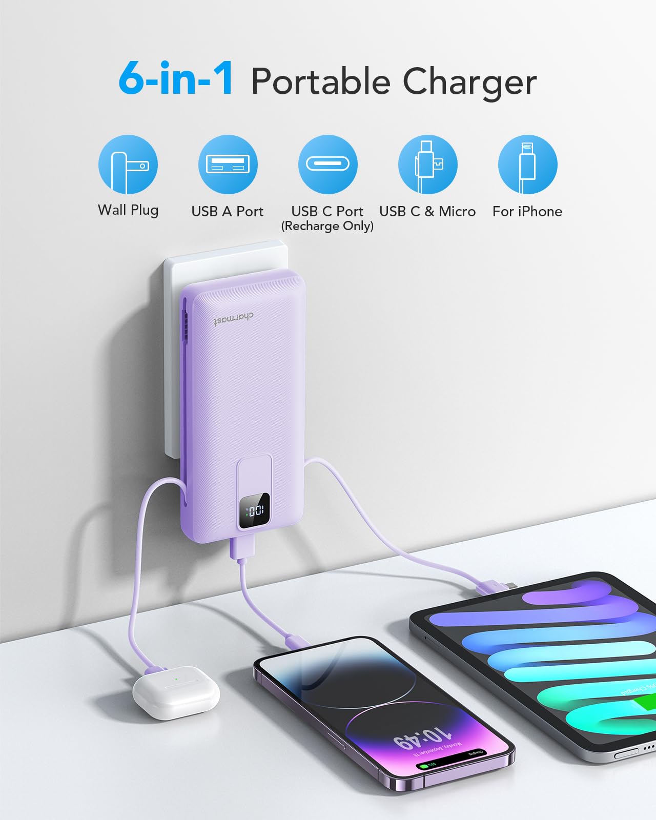 Charmast Portable Charger with Built-in Cables and Wall Plug, 20000mAh 20W USB C Power Bank Fast Charging Battery Pack Compatible with iPhone iPhone 16/15/14/13 Series, Samsung Google iPad etc