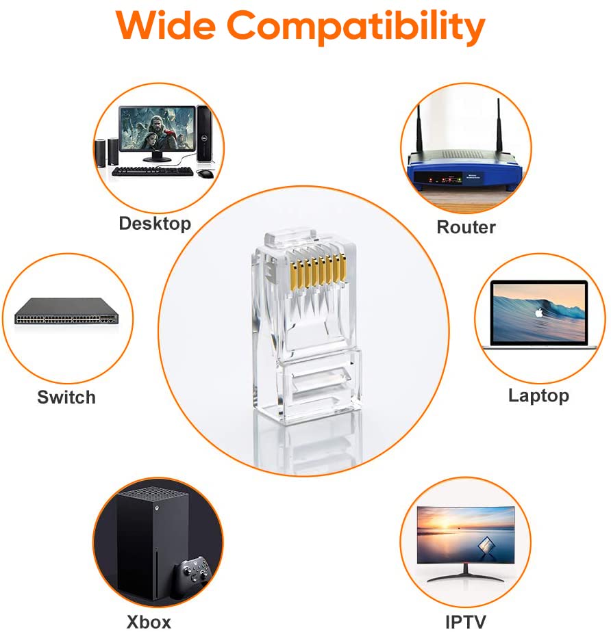 CableCreation Cat6 RJ45 Connectors, 10-Pack Cat6 RJ45 Ends, Ethernet Cable Crimp Connectors UTP Network Plug for Solid Wire and Standard Cable, Transparent