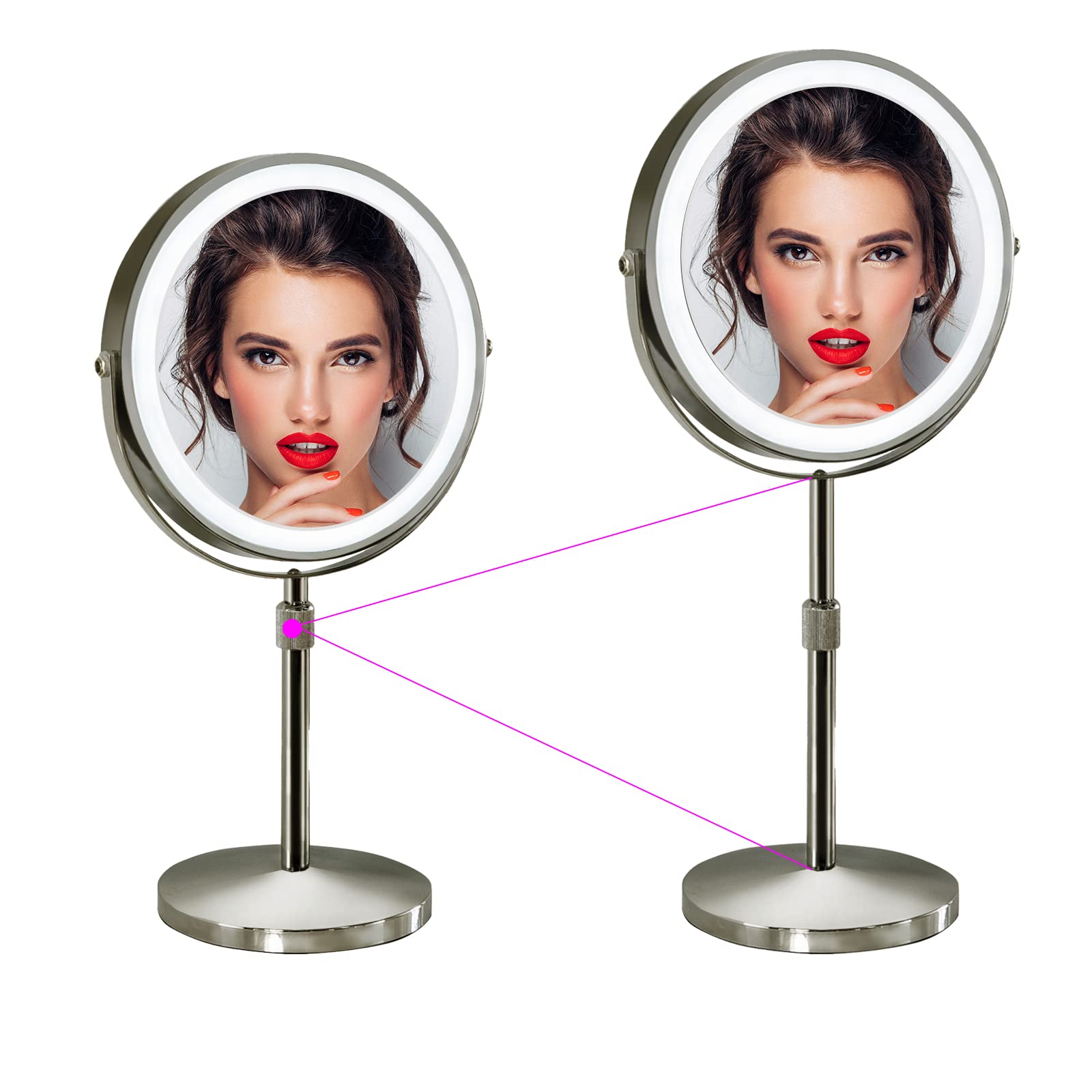 AIKELIN Adjustable Height Makeup Mirror with Light,Rechargeable 8" HD Double Sided Mirror,3 Color Lights and 1X/10X Magnifying Swivel Mirror,Tabletop Cordless Vanity Mirror with Lights,Nickel.