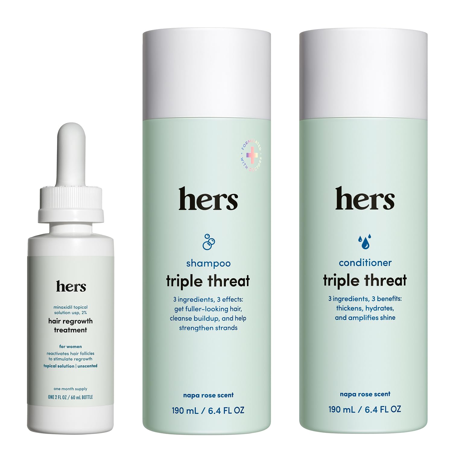 hers Triple Threat Shampoo, Conditioner, and 2% Minoxidil Set - Biotin, Saw Palmetto, & Pumpkin Seed Oil - Supports Hair Regrowth for Women - Color-Safe & Paraben-Free - Napa Rose Scent - 3 Count