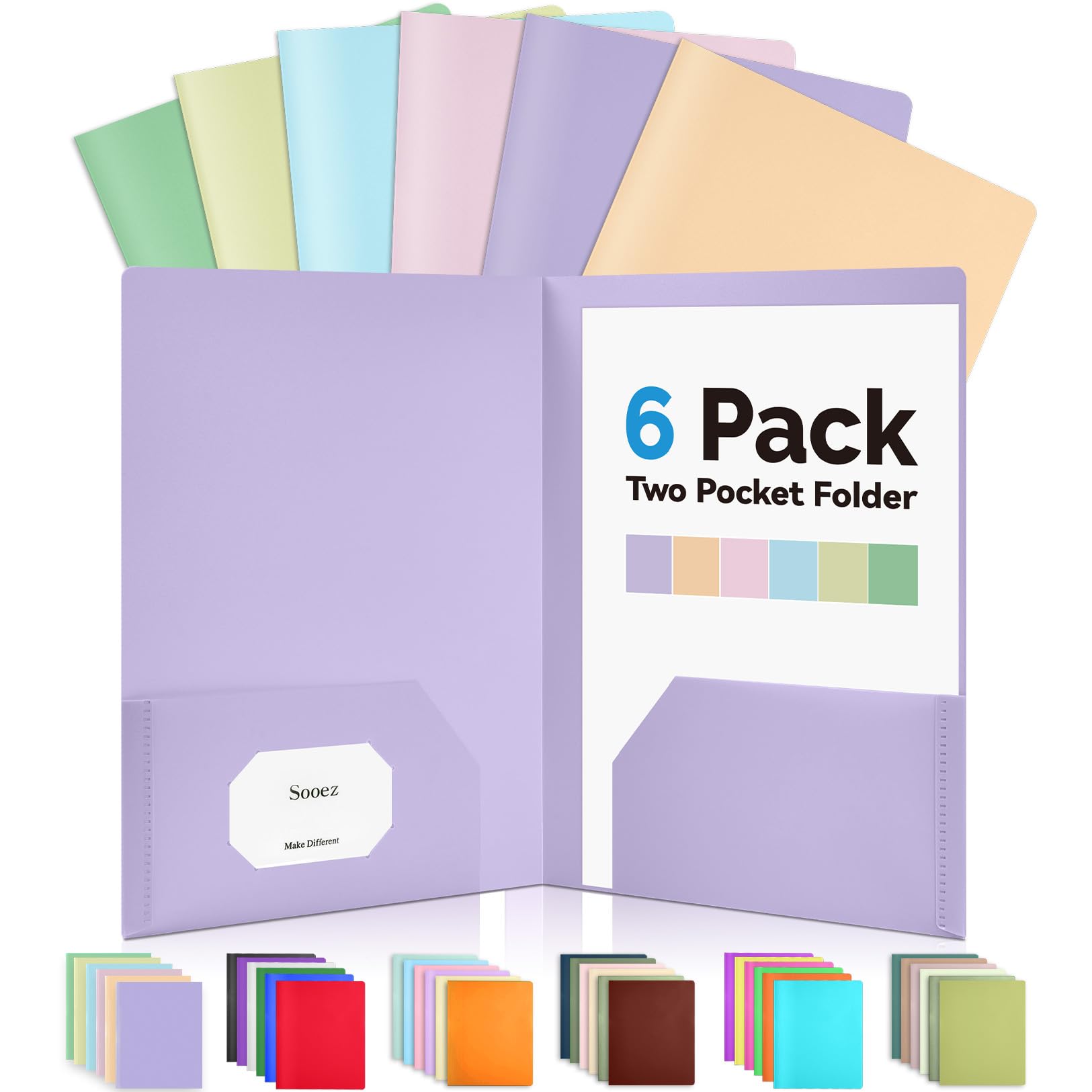 Sooez 6 Pack Pocket Folders with Labels, Heavy Duty Plastic File Folders with Pockets, Pastel Poly Folders for Documents Letter Size, Colored School Offfice Folder Bulk, Back to School Supplies