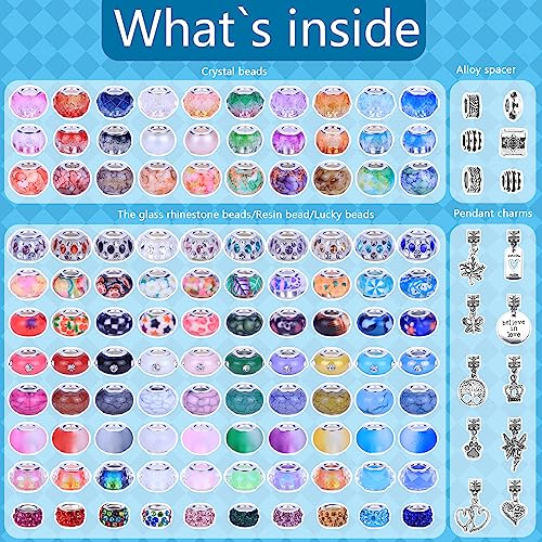 Assortment European Large Hole Spacer Beads,Fairy Garden Beads Rhinestone Craft Beads for DIY Charms Bracelet Jewelry Making (12 Style+Pendants)