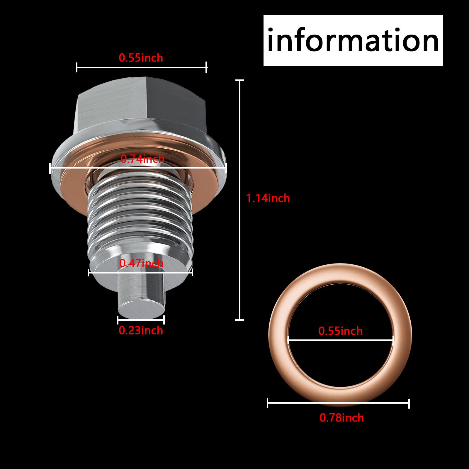 Sodcay Magnetic Oil Drain Plug M14x1.5, Stainless Steel Oil Drain Plug with 5 PCS Copper Crush Washer Anti Leakage Replacement for Car Motorcycle Boat