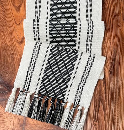 Farmhouse Style Braided Woven Table Runner Bridal Textured Woven Table Runner with Tassels Vintage Rustic - Modern Boho Chic Decor for Dresser or Dining Table (Blue, 14x48 inch)