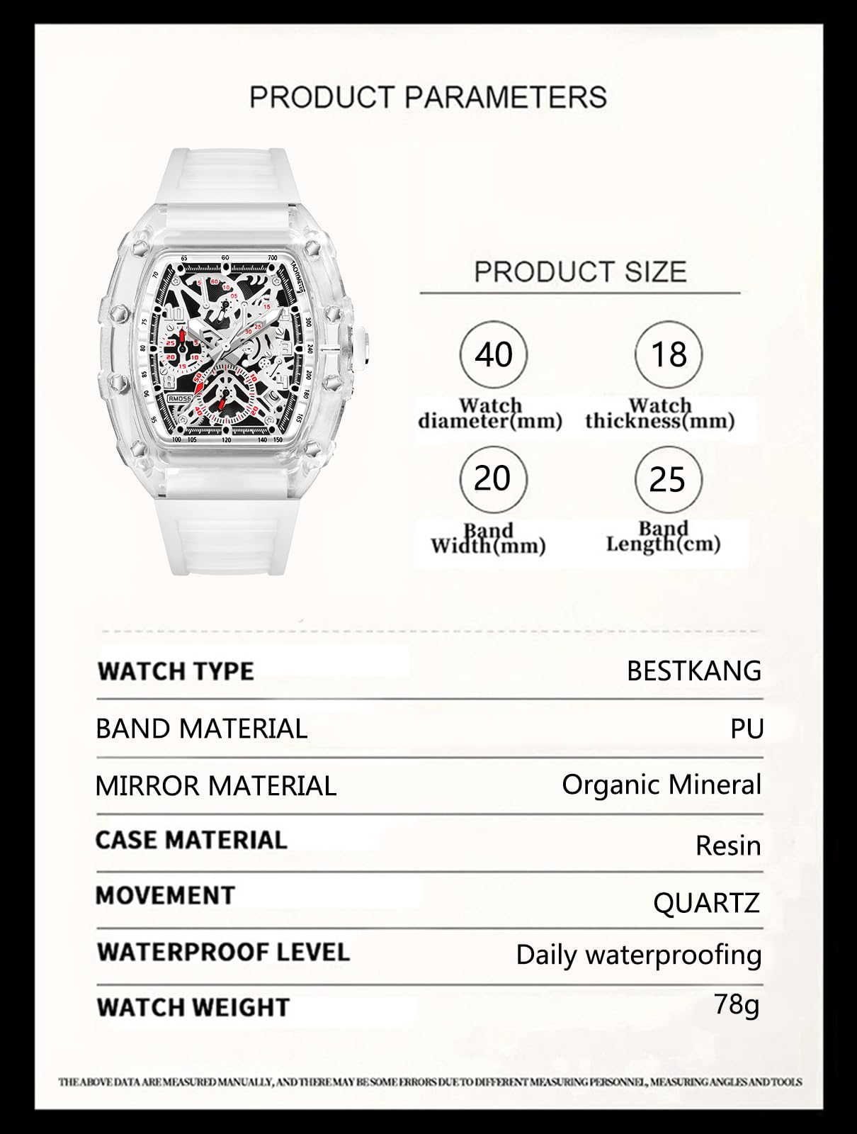 BESTKANG Fashion Hollowed Men Watches Transparent Tonneau Analog Display Quartz Date Waterproof Male Wrist Watch (White)