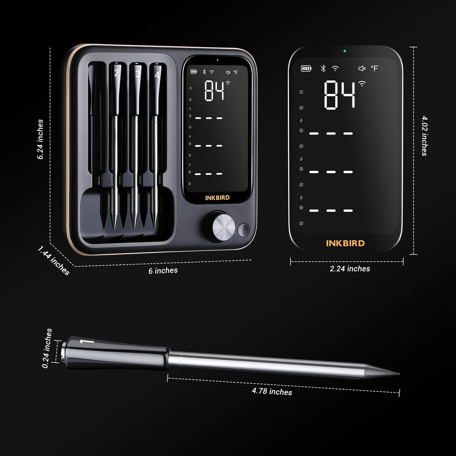 Wireless Meat Thermometer with 4 Probes, Inkbird WiFi Digital Food Thermometer for Turkey Beef Rotisserie Grill Oven,Unlimited Range Dishwasher Waterproof Bluetooth Meat Thermometer for iOS & Android