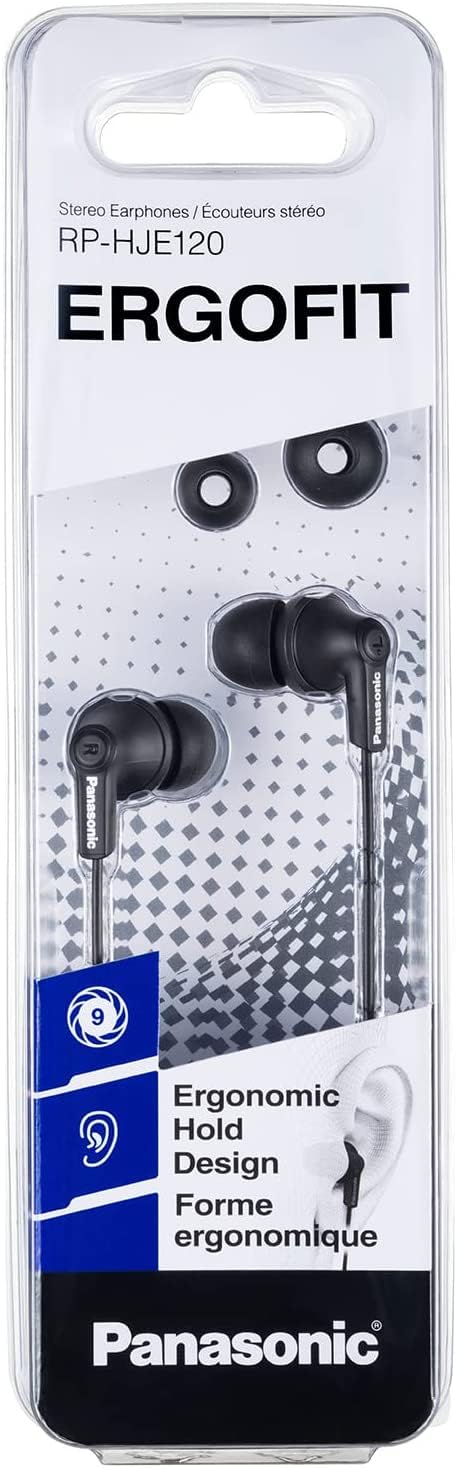 Panasonic ErgoFit Wired Earbuds, In-Ear Headphones with Dynamic Crystal-Clear Sound and Ergonomic Custom-Fit Earpieces (S/M/L), 3.5mm Jack for Phones and Laptops, No Mic - RP-HJE120-KA (Matte Black)