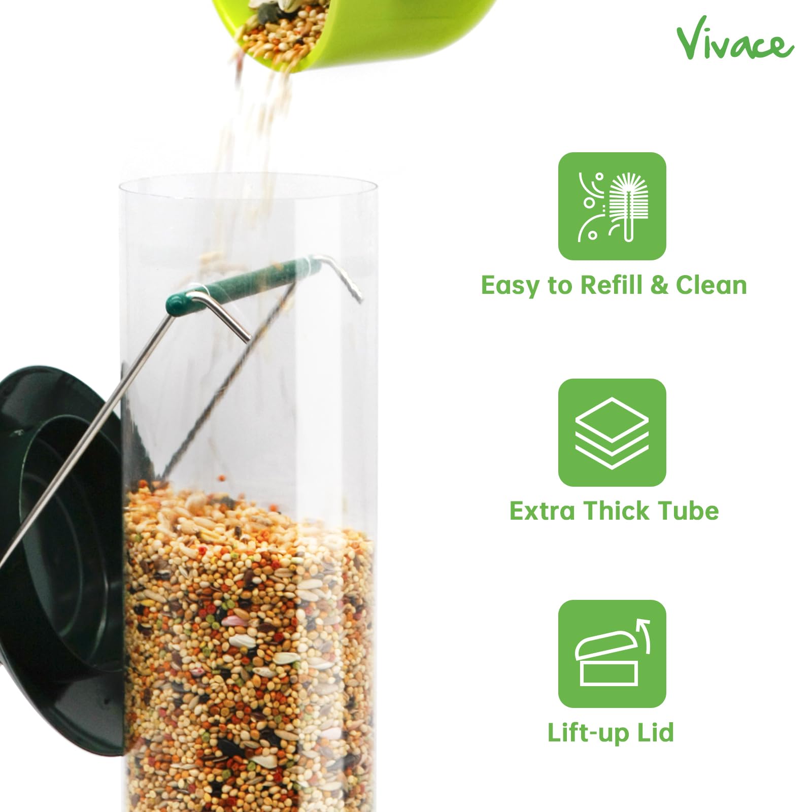 Vivace Bird Feeder, 2 Pack Classic Tube Bird Feeders for Outdoors Hanging Bird Feeder with 6 Feeding Ports, 2LB Seed Capacity Wild Bird Feeders, 14Inches，Premium