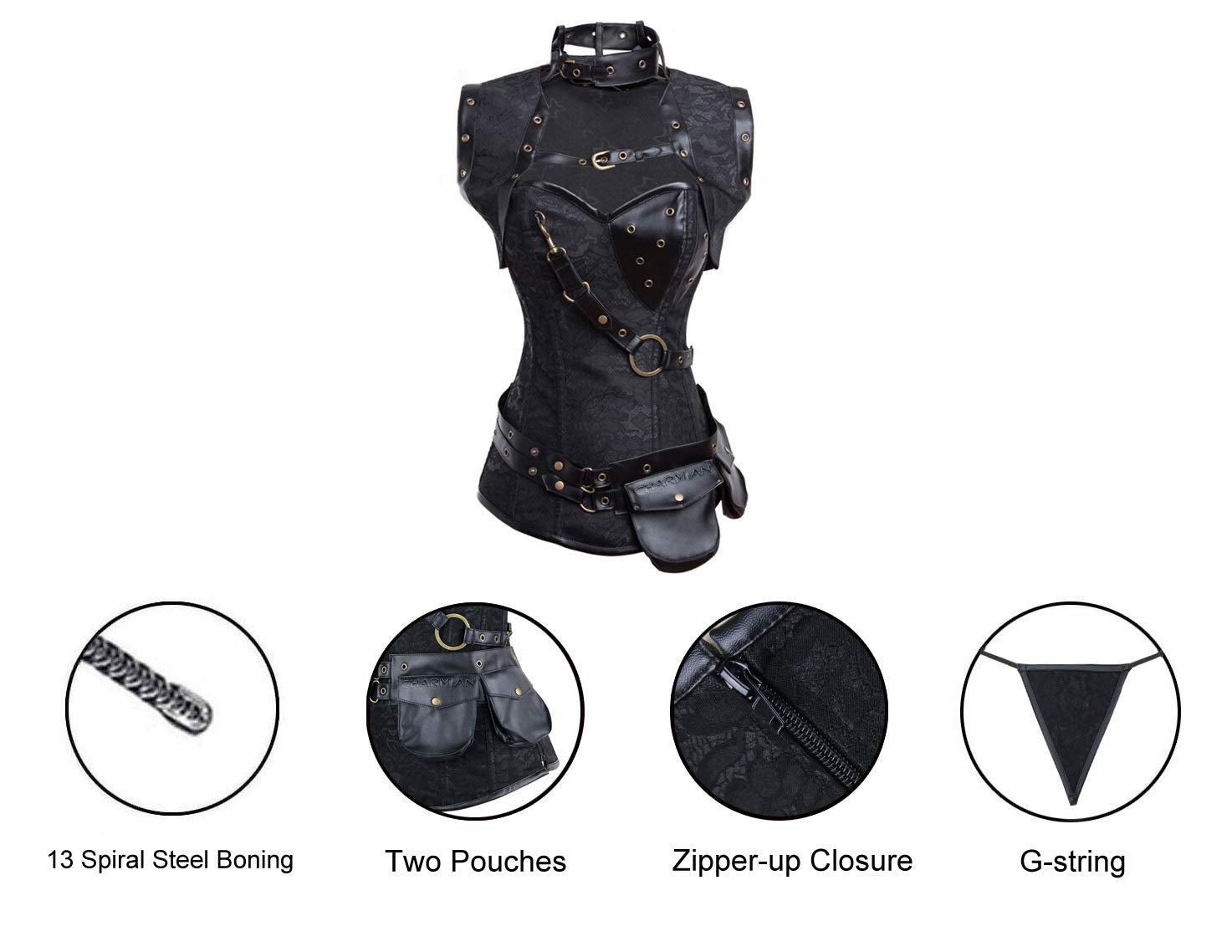 Charmian Women's Retro Goth Spiral Steel Boned Brocade Steampunk Bustiers Corset with Jacket and Belt Black X-Large