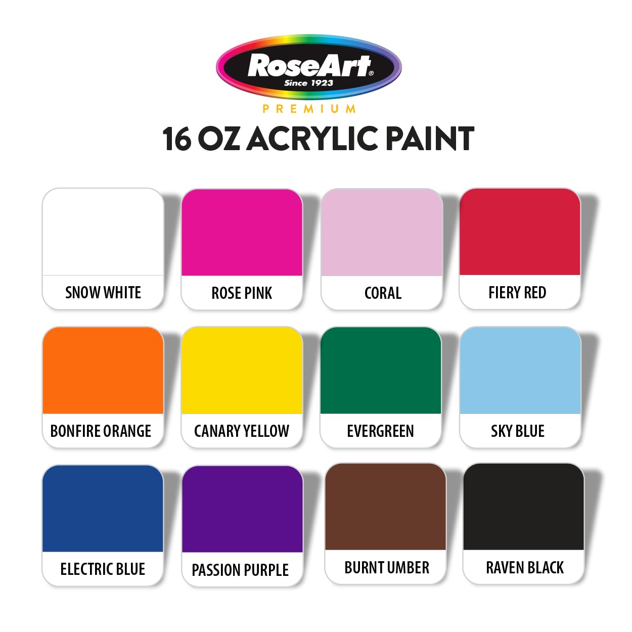 RoseArt acrylic Paint Set – Set of 12 Vibrant Colors in 16oz Bottles