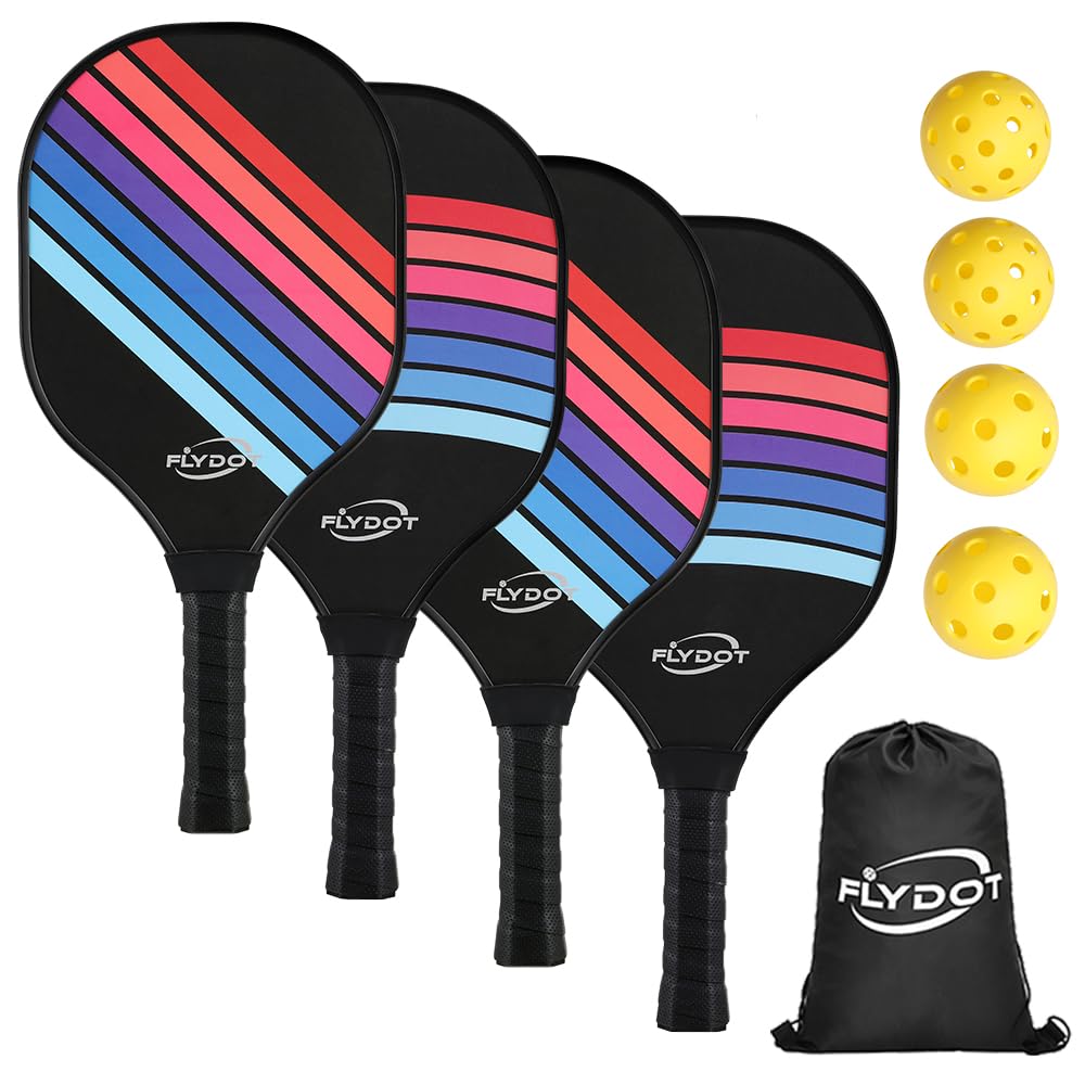 Flydot Pickleball Paddles, Pickleball Paddles Set of 4, Black, 4 Indoor&Outdoor Balls and 1 Carry Bag, Pickleball Paddles for Beginner&Pro, Rackets with Ergonomic Cushion Grip