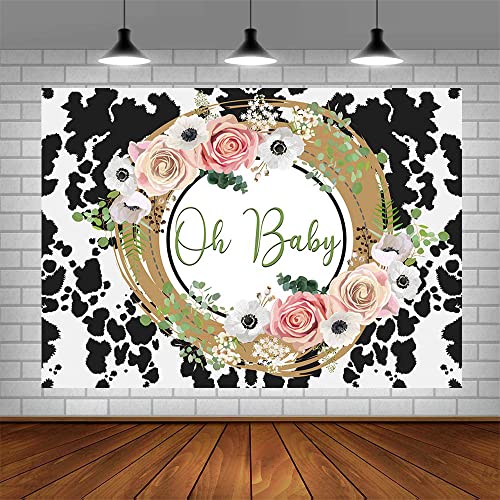 ABLIN 7x5ft Oh Baby Backdrop Black and White Cow Print Photography Background Pink Floral Holy Cow Baby Shower Banner Farm Cow Theme Baby Shower Decorations Photo Shoot Props, CQ327