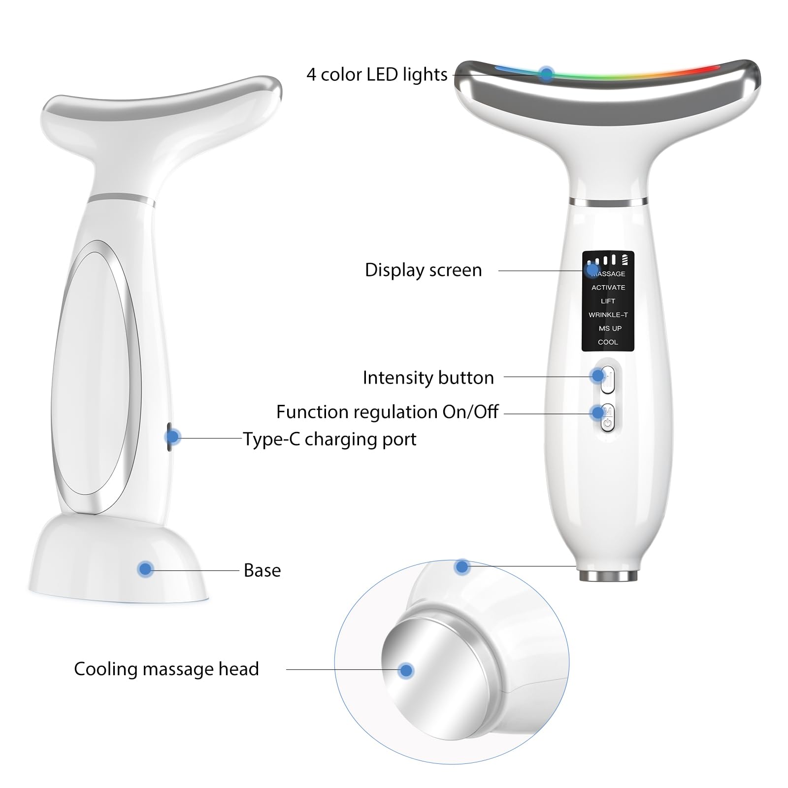 MASIKE Neck Face Beauty Device, Multifunctional Portable Facial Massager, 4 Color Led Face Neck Massager for Skin Care