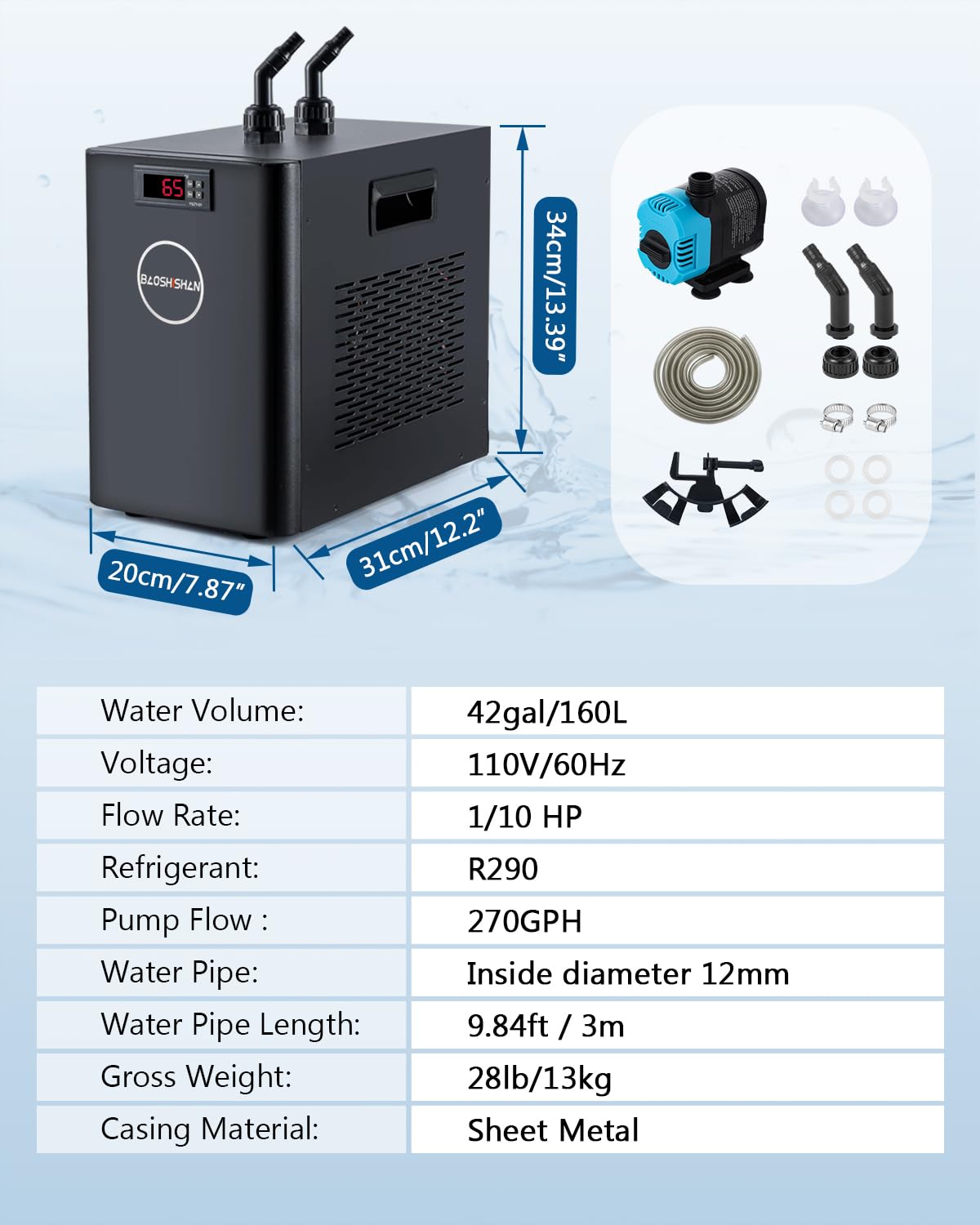 BAOSHISHAN Aquarium Chiller 42gal 1/10 HP Water Cooler Fish Tank Chiller Special Quiet Design Refrigeration Compressor for hydroponics Water weeds Jellyfish Coral Crystal Shrimp (42gal/160L)