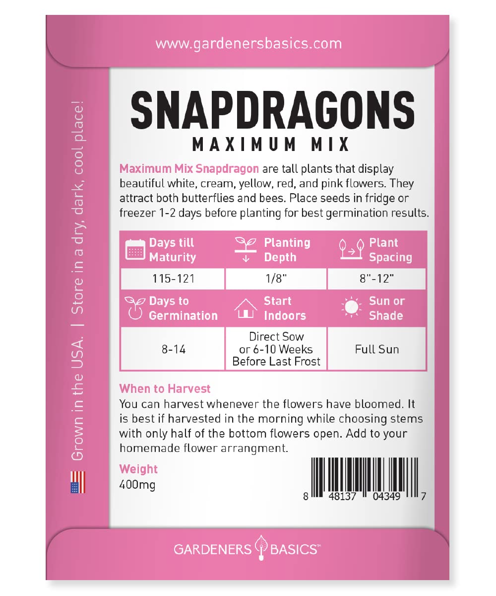 Gardeners Basics, Snapdragon Seeds for Planting (Maximum Mix Snap Dragon) Annual Flower Heirloom, Non-GMO Variety- 400mg Seeds Great for Summer Seeds for Gardening Flowers Gardens