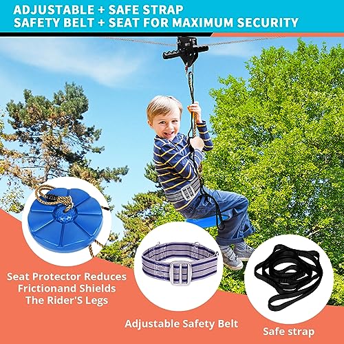 HOKINETY Zip Line Kit for Kids Adults : 76FT Up to 450Lbs - Quick Setup Zipline for Backyard Outdoor with 100% Rust Proof Removable Trolley Ratchet System Swing Seat Safety Belt Spring Brake