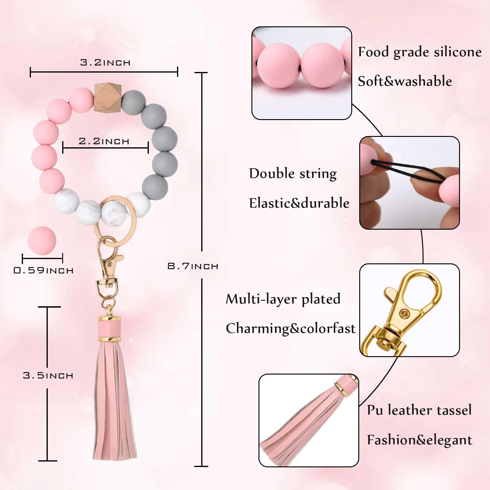 BAOSIWA Silicone Beaded Bracelet Keychain Wristlet Key Ring Pink Bangle Chains for Women Girls with Leather Tassel