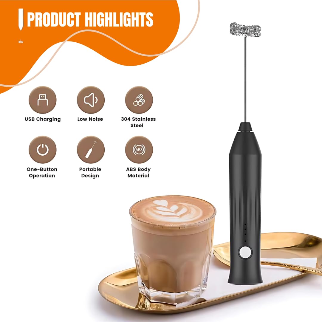 Electric Milk Frother for Coffee and Hot Drinks, Egg Mixer,Drink Mixer, Rechargeable, USB Charging (Black)