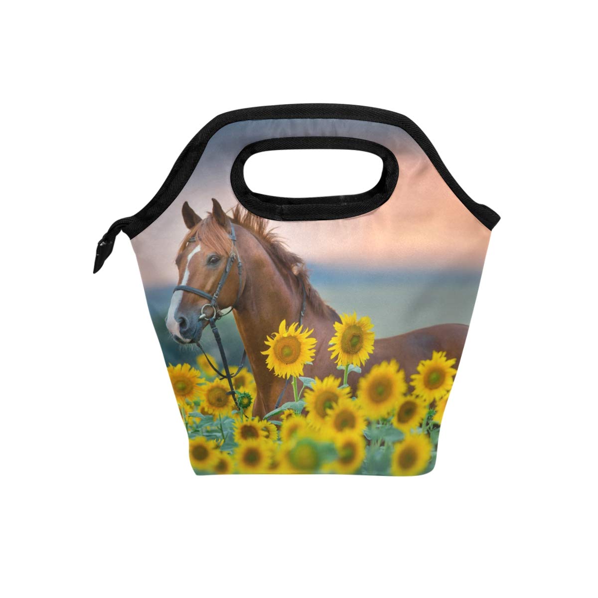 senya Lunch Bag Horse Sunflowers Printed Neoprene Tote Reusable Insulated Gourmet Lunchbox Container Organizer School Picnic Carrying For Men, Women, Adults, Kids, Girls, Boys