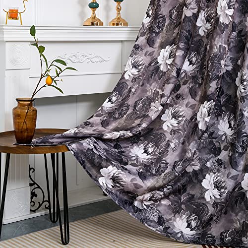 Tootop semi Transparent Floral Curtains 84 inches Long Rod Bag Gray and Yellow Flowers Plant Digital Print Curtains Living Room Bedroom Decorative Treatment 2 Panels 52W x 63L Blue & Gray