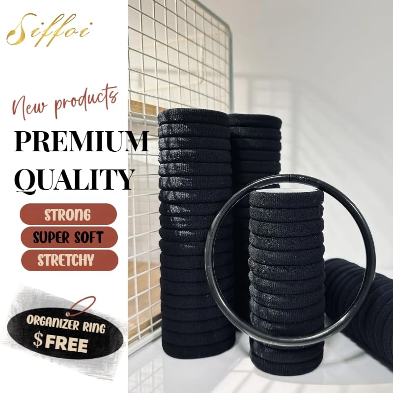 SIFFOI Soft Hair Ties, Black Cotton Seamless Hair Tie with Free Organizer Ring, Premium Hair Bands for Women, Men and Girls (100, BLACK)