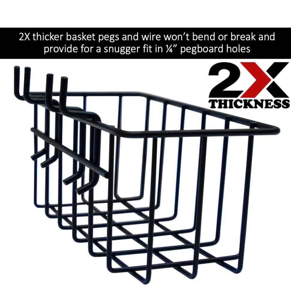 Heavy Duty Peg Board Hook Baskets for ¼ Pegboard Holes, Set of 3 Black Wire Baskets, Extra Thick Metal Fit Snugly in Pegboards with ¼ Inch Holes, ¼” Peg Board Organizer Accessories for Tools and More