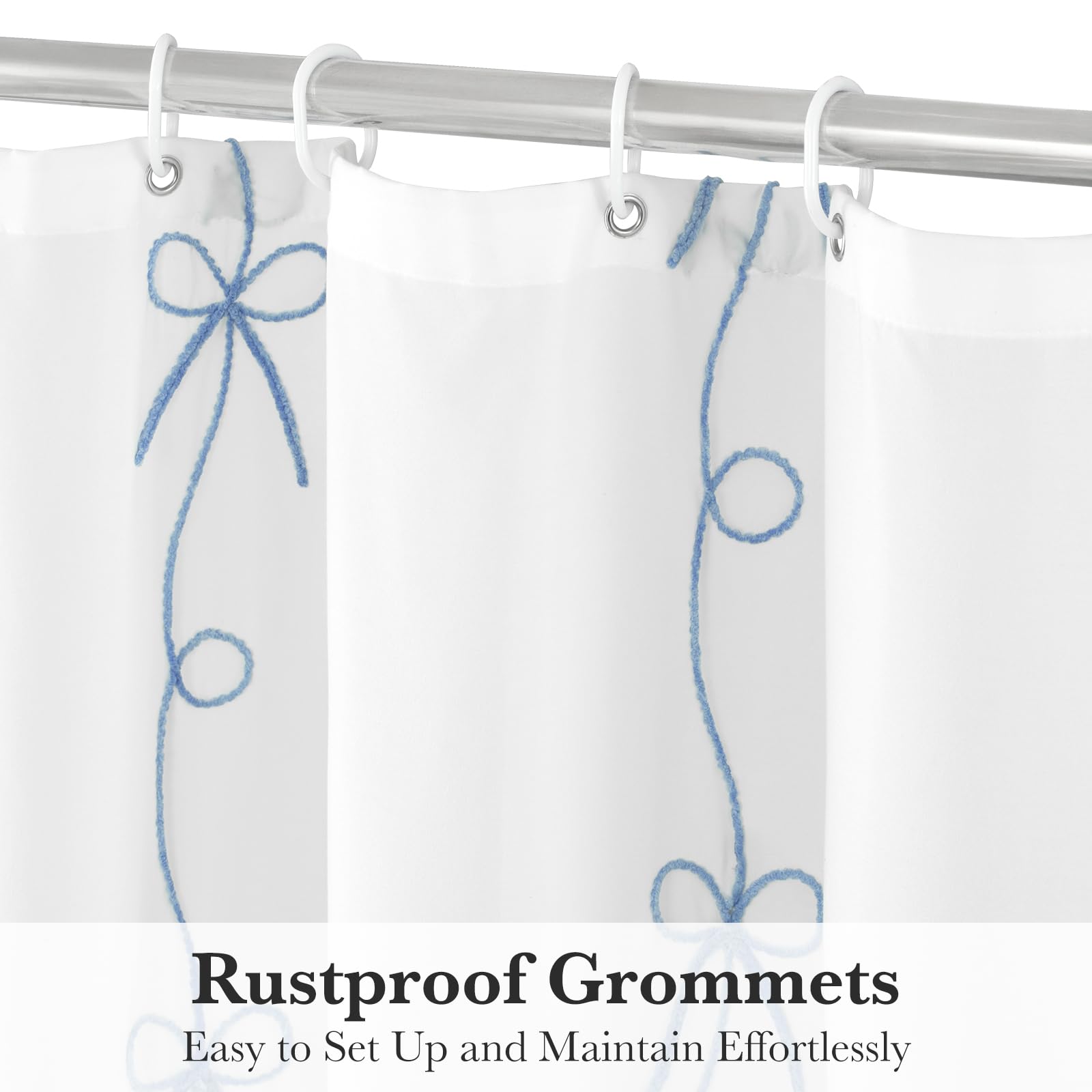Seasonwood Blue Bow Shower Curtain Cute Fabric Shower Curtain 72 x 72 Inches, Aesthetic Embroidered Textured Shower Curtains Elegant Pretty Bathroom Decor