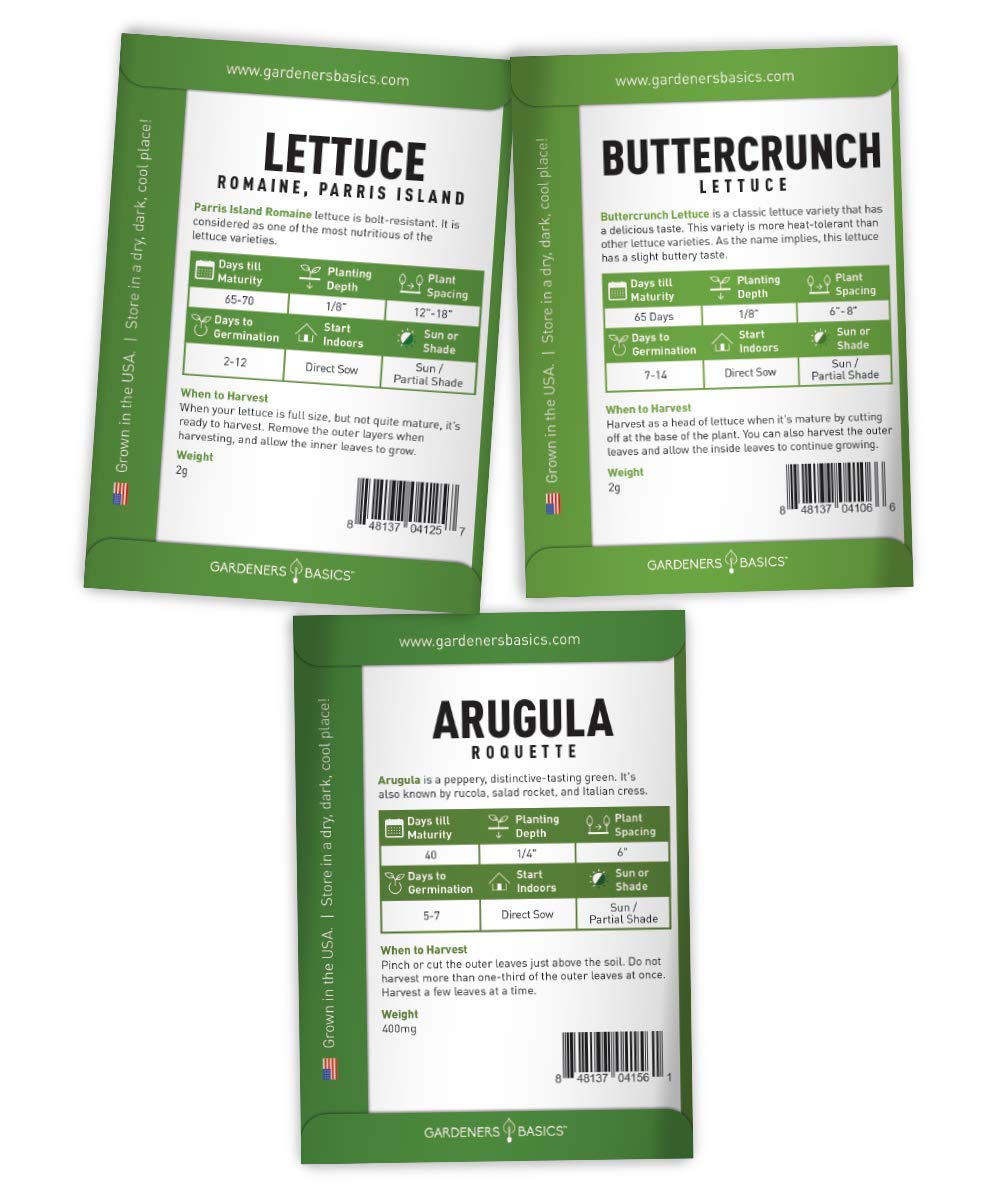 Lettuce and Greens Heirloom Vegetable Seed Non-GMO Seeds for Planting Indoors and Outdoor 5 Packs - Lettuce Buttercrunch, Romaine, Arugula, Kale and Spinach By Gardeners Basics