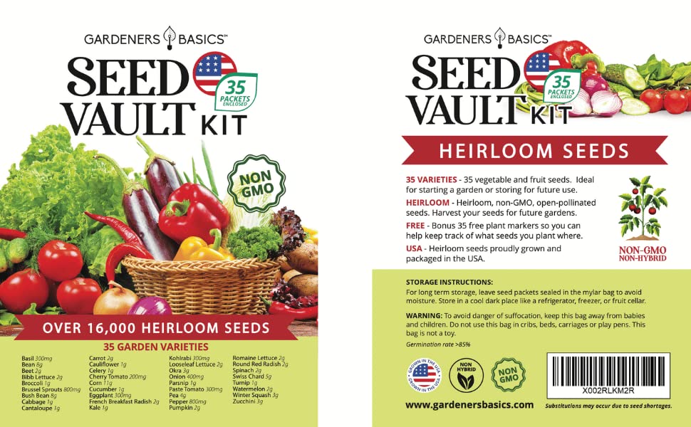 Gardeners Basics, Survival Vegetable Seeds Garden Kit Over 16,000 Seeds Non-GMO and Heirloom, Great for Emergency Bugout Survival Gear 35 Varieties Seeds for Planting Vegetables 35 Plant Markers