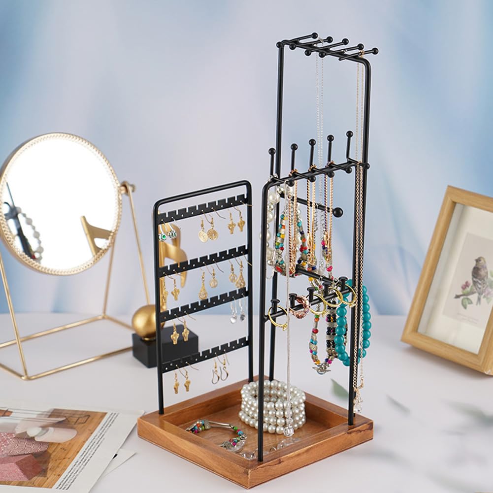 SPAKOWN Jewelry Organizer Stand Jewelry Holder with Wood Base 27 Holes 10 Hooks for Earring Necklace Ring Bracelets Display and Storage