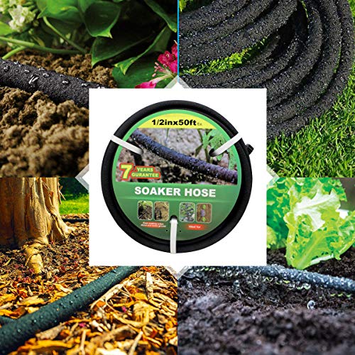 Taisia 1/2’’ Soaker Hose 15 FT Water Drip Garden Hose Drip Irrigation Hose Saves 70％Water Heavy Duty Rubber Round Soaker Hose for Garden, Lawn