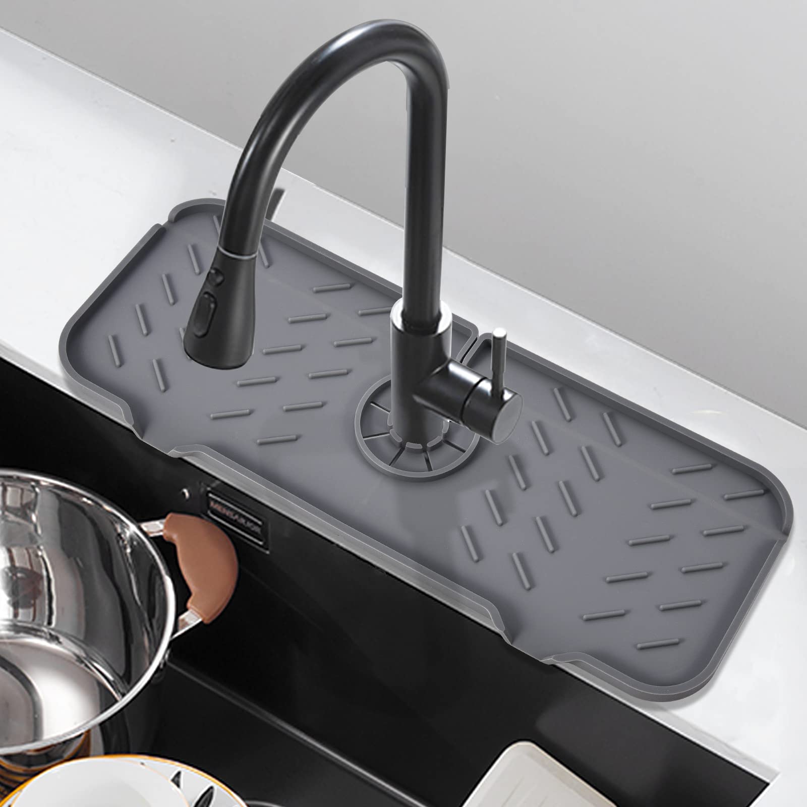 Kitchen Sink Splash Guard15.4"*5.5", Upgraded Faucet Splash Guard with Steep-Slope Drainage and Anti-Slip Silicone Mat, For Kitchen, Bathroom, Farmhouse Faucet Handle Drip Catcher Tray