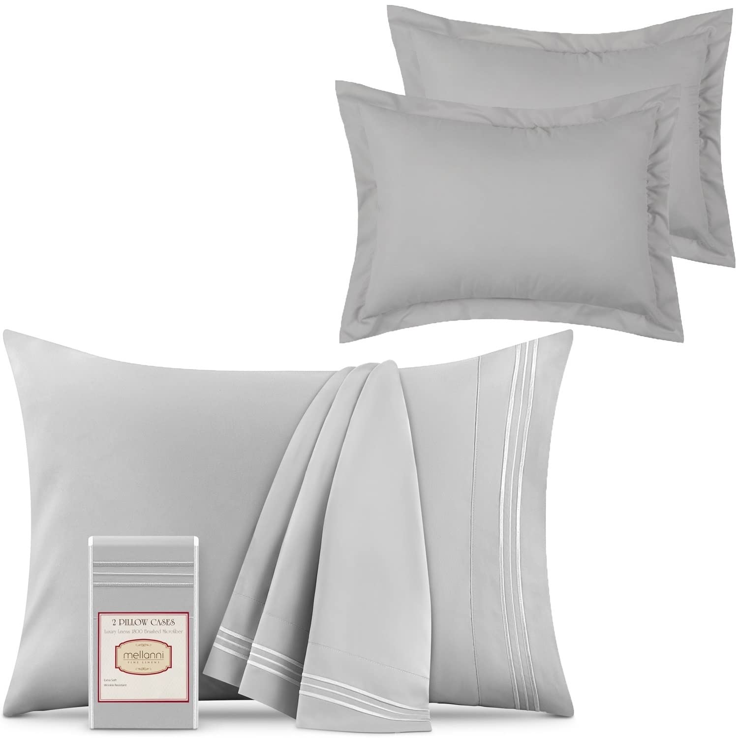 Mellanni 2 Pillow Cases + 2 Pillow Shams Bundle&Save - Hotel Luxury Bedding - Bundle Includes: 2 King Size Pillow Cases and Pillow Shams Set of 2 King Size (King, Light Gray)