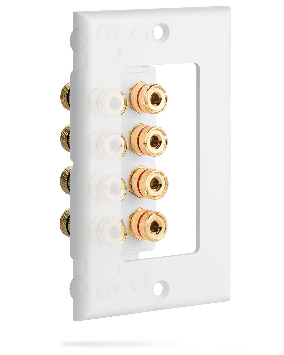 Fosmon (Quad Speaker Home Theater Wall Plate - Premium Quality Gold Plated Copper Banana Binding Post Coupler Type Audio Wall Plate for 4 Speakers (White)