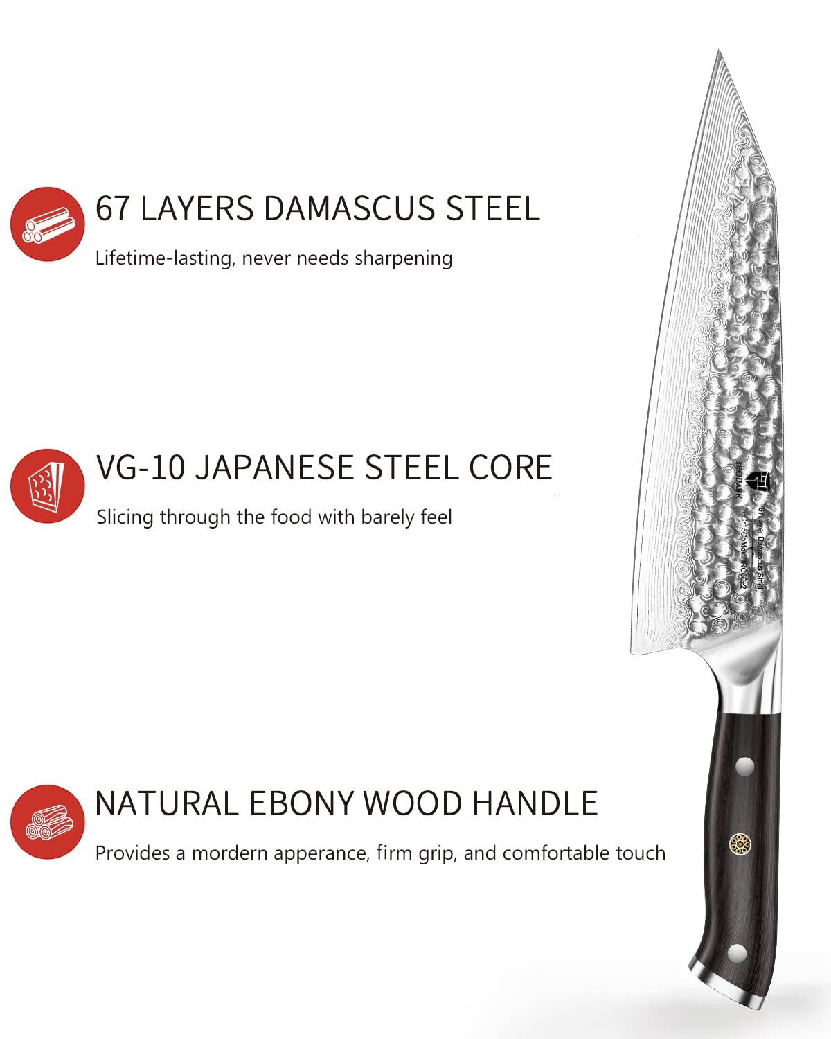 BRODARK Japanese Chef Knife, Damascus Chef Knife 8 inch with Japanese VG-10 Steel Core, Ultra-Sharp Professional Kitchen Knife, Handcrafted with Ebony Wood Handle, Holiday Gifts