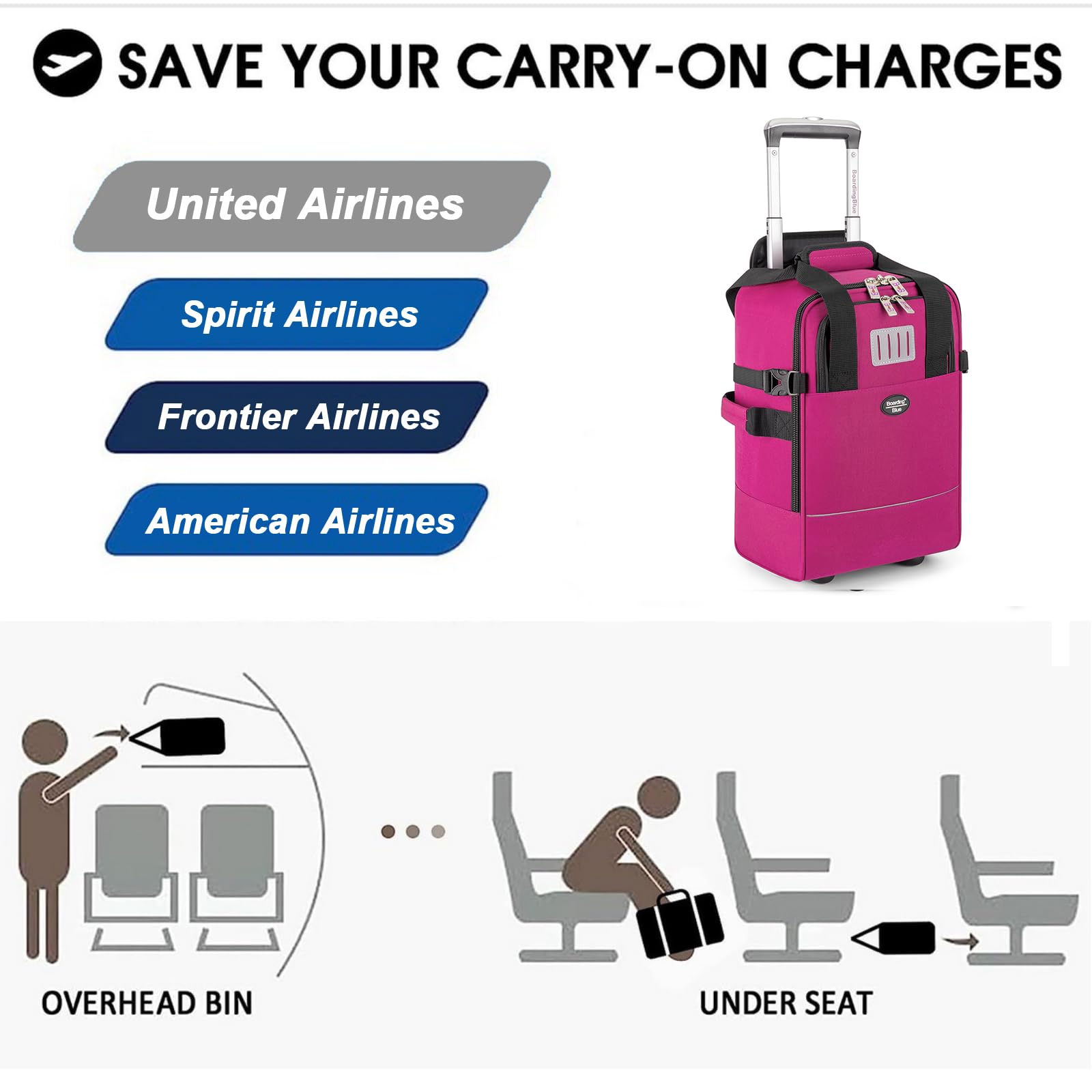 Boardingblue 17x10x9 Inches United Airlines Rolling Personal Item Under Seat Duffle Bag Luggage Suitable For Major Airlines Including Spirit and Frontier (Purple, 17x10x9 Inches)