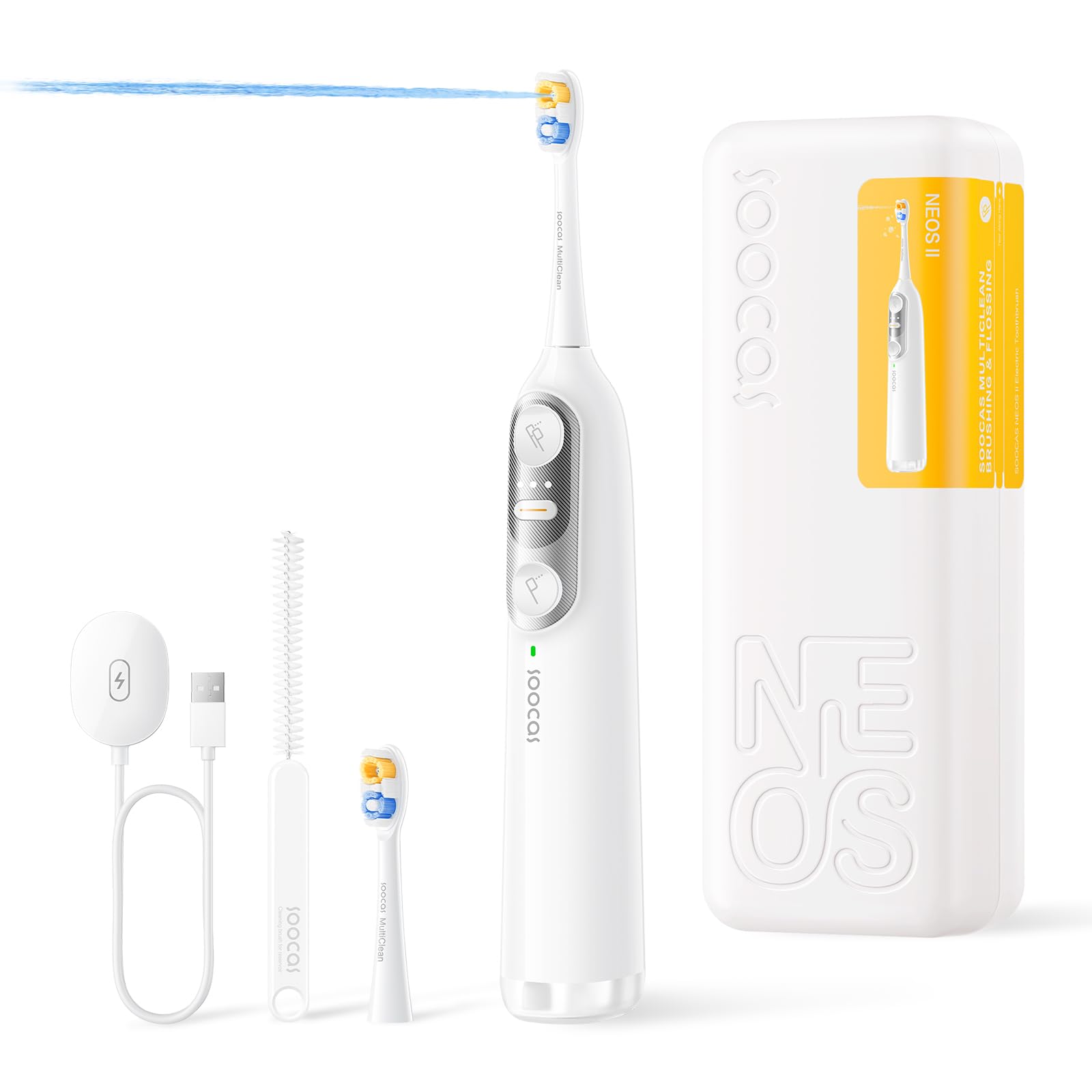 Soocas NEOS II - Electric Toothbrush with Water Flosser, Sonic Electric Toothbrush for Adults, Water Flosser for Teeth, Portable Cordless Flossing Toothbrush, 100% Plaque Removal, Pearl White