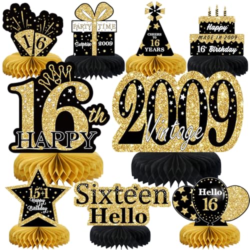 9Pcs Rose Gold Sweet 16 Birthday Decorations Honeycomb Centerpieces for Girls,Pink Happy 16th Birthday Centerpieces Tables Toppers Party Decorations Supplies 16th Birthday Table Sign Decor