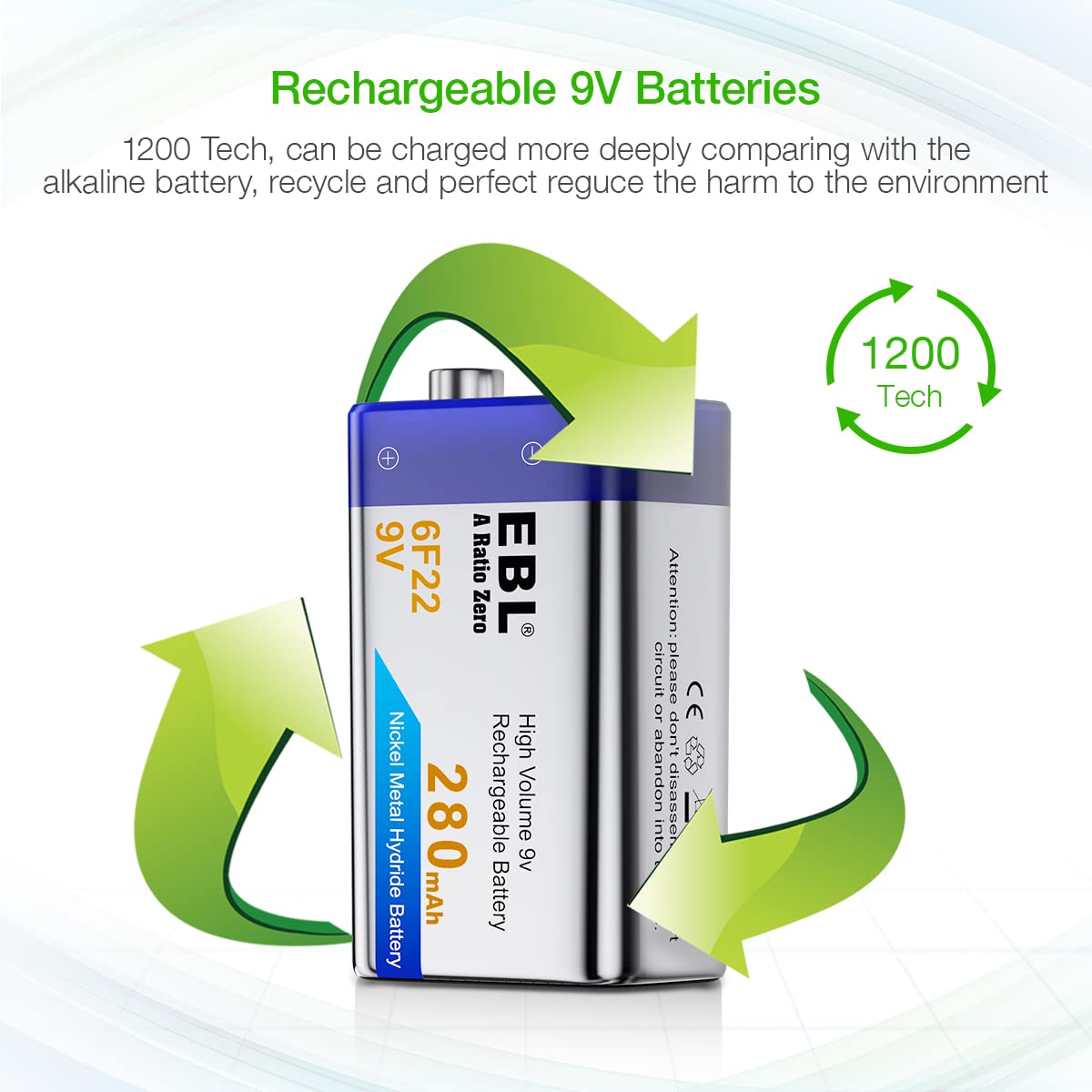 EBL 9V Rechargeable Batteries NiMH Everyday 280mAh 9V Battery for Smoke Alarm Detector, 4-Packs