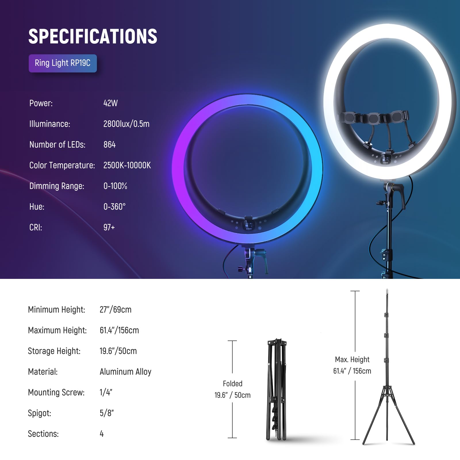 NEEWER 19" RGB LED Ring Light with Stand, 3 Phone Holders, Touch Panel, 2.4G/App Control, 42W CRI97+ 2800lux/0.5m 360° Hue Dimmable Professional Lighting for Makeup Live Streaming Zoom Calls, RP19C