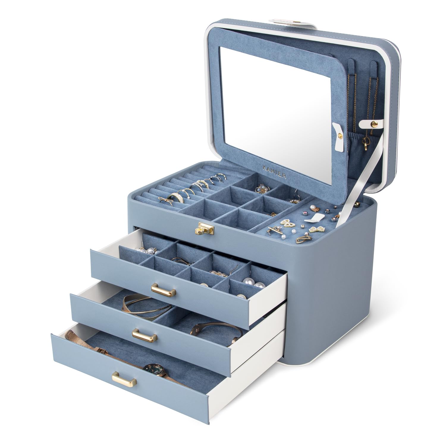 KAMIER Jewelry Organizer Box,4-Layer Jewelry Box for Women with Lock and Mirror, Jewelry Storage Box for Earrings Bracelets Rings Necklaces.Bluish Grey