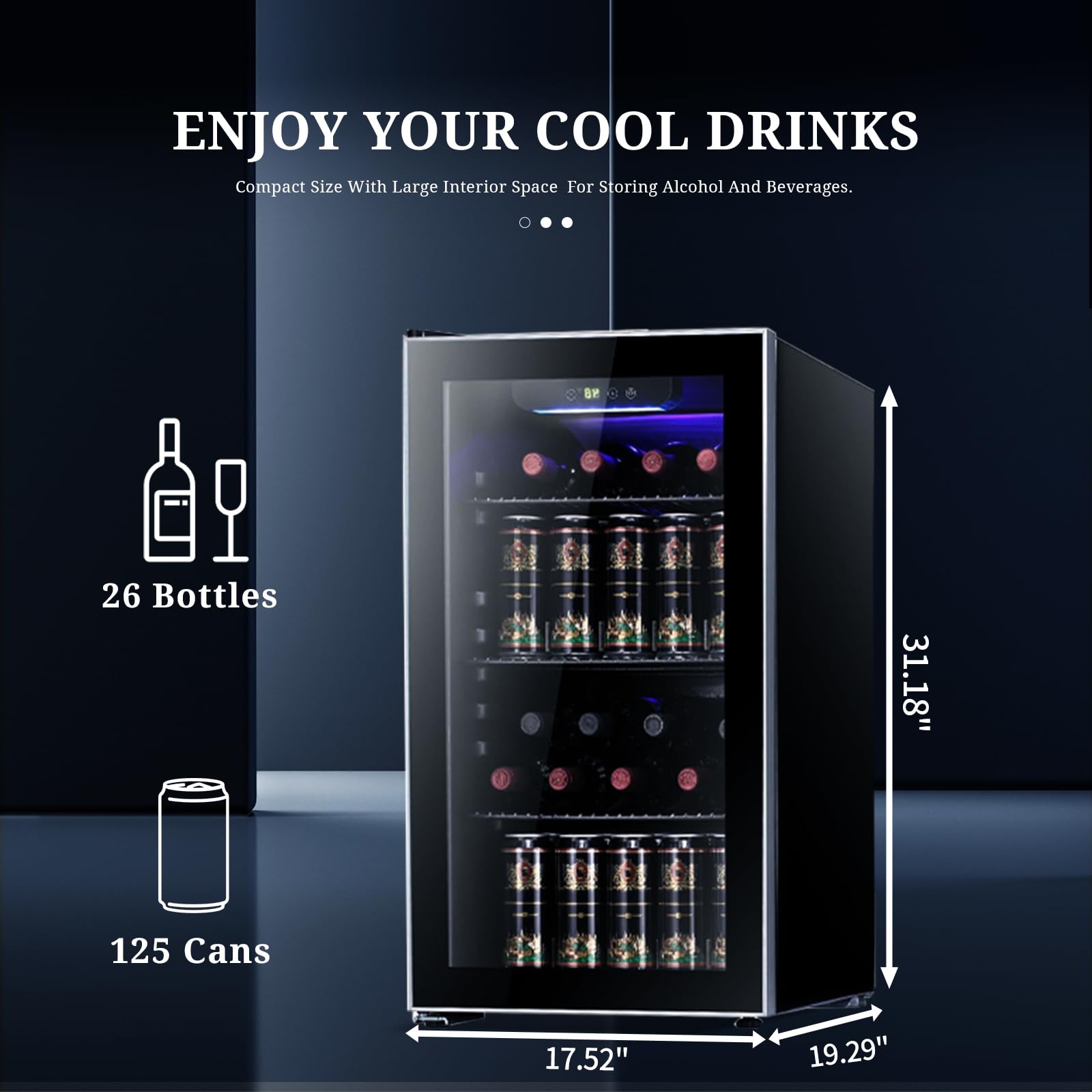 Antarctic Star Wine Cooler 26 Bottle 125 Can Mini Fridge Beverage Refrigerator Small Beer Soda Glass Door Quiet Compressor Freestanding for Kitchen Bar 3.2 Cu.Ft