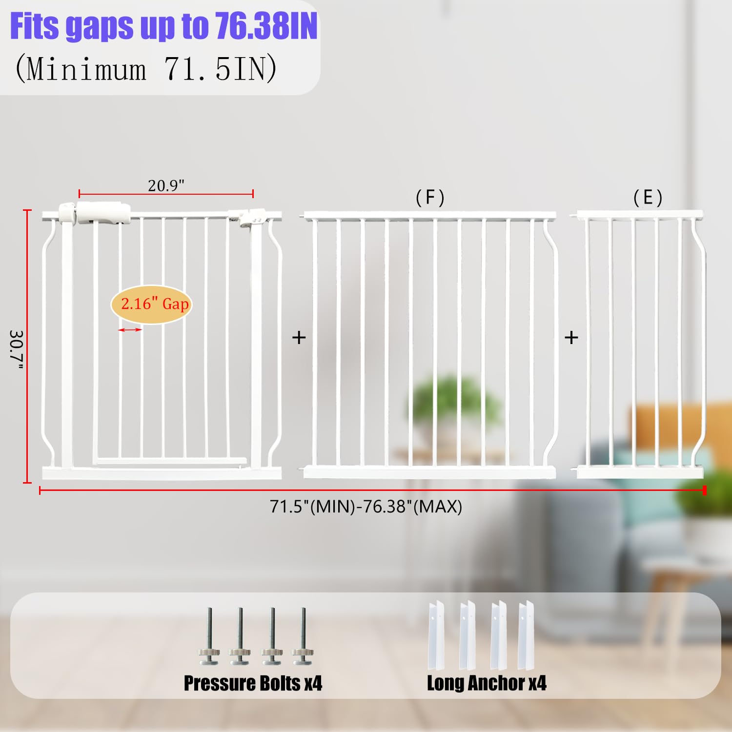 Vothco Baby Gates Extra Wide 71.5-76.4 Inch Large Baby Gates for Stairs Tension Pet Dog Gates Indoor for Doorways No Drilling Pressure Mounted Pet Gates for Kids