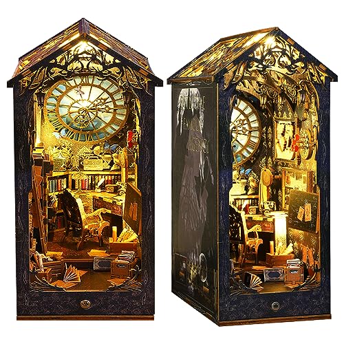 CRIOLPO Book Nook Kit - DIY Dollhouse Booknook, Book Nook Miniature Kit for Bookshelf Insert Decor Crafts for Adults Teen Halloween, 3D Wooden Puzzle Bookends with Sensor Led Light
